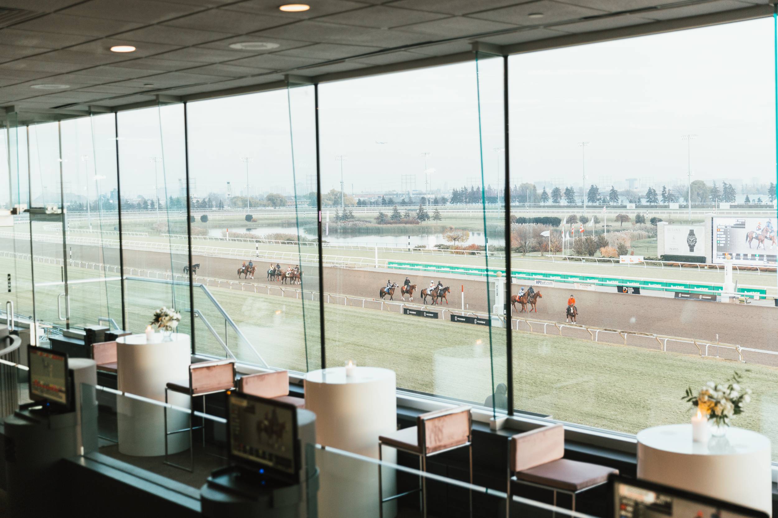 horses walking through window at a view of the race track from turf lounge at woodbine